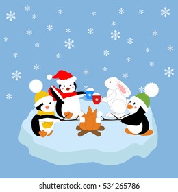 Penguins and white rabbit fried marshmallow on an ice floe. Vector illustration