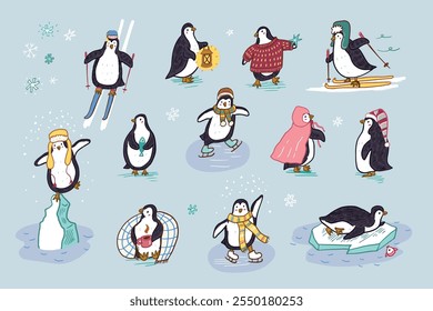 Pinguins inverno atividades em estilo cartoon. Ilustração vetorial.