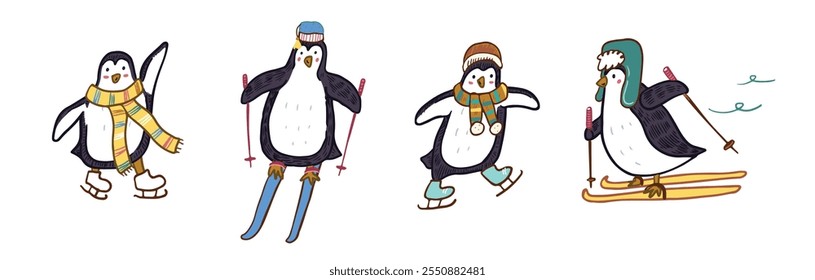 Penguins winter activities in cartoon style. Vector illustration.
