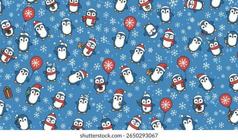 Penguins With Winter Hats Snowflake Background Holiday Season Celebration New Year Party