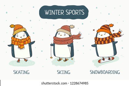Penguins and winter sports vector hand drawn colorful illustration