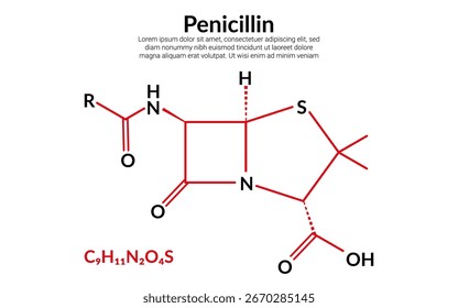 Penicilina, antibiótico, fórmula de estrutura molecular, adequado para educação ou conteúdo de ciência química. Ilustração vetorial