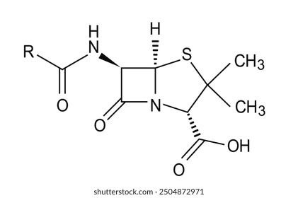 Penicillin chemical formula, molecule atomic structure on white background. Thin line illustration of penicillin antibiotic compound.