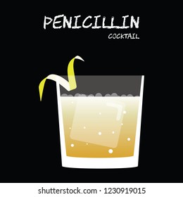 Penicillin cocktail vector with lemon twist garnish on square black background.