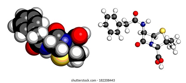 Penicillin G (benzylpenicillin) antibiotic drug molecule. Used to treat bacterial infections; belongs to beta-lactam class. Atoms are represented as spheres with conventional color coding.