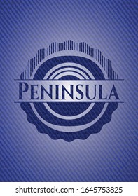 Peninsula emblem with jean texture. Vector Illustration. Detailed.