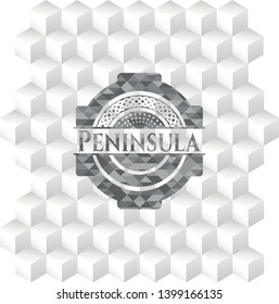 Peninsula grey badge with geometric cube white background
