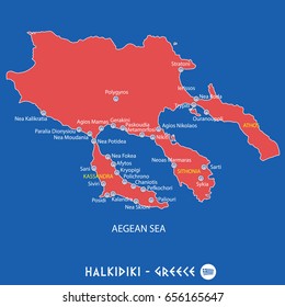 peninsula of halkidiki in greece red map illustration in colorful