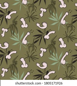 Penis funny floral seamless pattern.  Freenery sexual design, repeat tropical background.  Cartoon hawaiian print, exotic leaves beach print.
