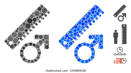 Penis measure composition of spheric dots in different sizes and color hues, based on penis measure icon. Vector dots are grouped into blue illustration.