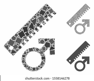 Penis measure composition of trembly items in different sizes and shades, based on penis measure icon. Vector trembly items are combined into collage. Penis measure icons collage with dotted pattern.