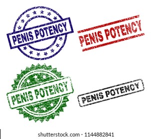 PENIS POTENCY seal prints with corroded style. Black, green,red,blue vector rubber prints of PENIS POTENCY label with corroded style. Rubber seals with circle, rectangle, medal shapes.