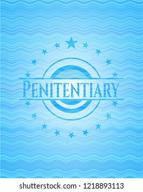 Penitentiary light blue water wave badge background.