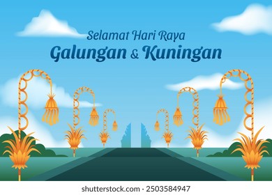 Penjor long high palm leaves decorations along way to hindu temple. Galungan and kuningan is big days of hindu in bali island.  Selamat Hari Raya means Happy Holiday.  