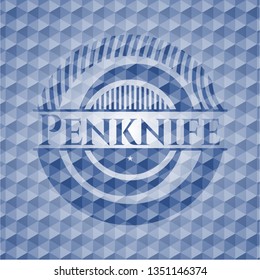 Penknife blue badge with geometric pattern background.