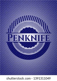 Penknife emblem with jean background. Vector Illustration. Detailed.