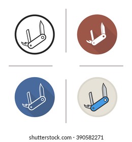 Penknife flat design, linear and color icons set. Pocket knife in different styles. Boy scout expedition knife. Long shadow logo concept. Isolated vector penknife illustrations. Infographic elements