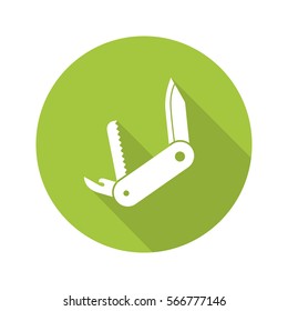 Penknife flat design long shadow icon. Multifunctional pocket knife. Vector silhouette symbol