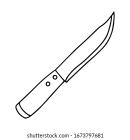 Penknife, hunting knife with a sharp blade. Steel arms. Pricking and cutting subject. Black and white vector illustration. Drawn by hand, isolated on a white background