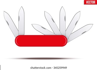 Penknife with many blades. Multi-tool or pocket knife. Editable Vector Illustration isolated on white background.