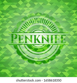 Penknife realistic green mosaic emblem. Vector Illustration. Detailed.