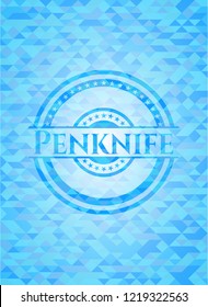Penknife realistic sky blue emblem. Mosaic background