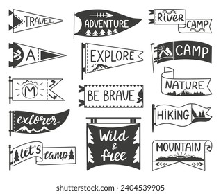 Pennant with adventures phrases. Hiking, travel on nature or camping hand drawn prints design. Decorative travellers quotes neoteric vector set