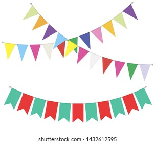 Pennant banner garland, vector illustration. Hanging flag decoration. Bright color party bunting.