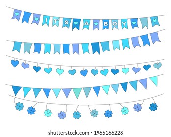 Cadena Pennant ambientada en azul para los niños, garland, 
corazones inclinados y rocas de champú,
Ilustración del vector aislada en fondo blanco
