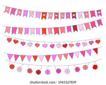 Pennant chain set in pink for girls, garland, 
pennant hearts and shamrocks,
Vector illustration isolated on white background
