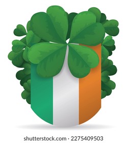 Pennant with the colors of the Irish flag, covered with shamrocks over white background.