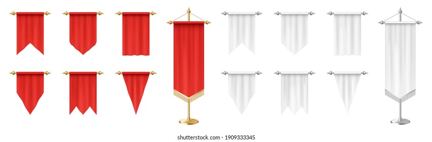 Bandera grande. Modelo de plantilla de pennants verticales rojos y blancos vacíos. Tejido en blanco para publicidad y marca. Banderas de tela 3D realistas. Ilustración del vector