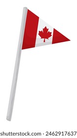 Colgante con la bandera de Canadá izada en un poste de plata en estilo de dibujos animados sobre un fondo blanco.