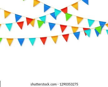 Pennant flag garland. Birthday party fiesta carnival decoration. Garlands with color flags 3d vector illustration