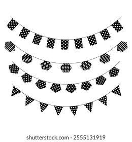 Pennant flag pattern black white collection of hanging string, minimal style shape, outline decorative motif, vector illustration