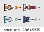 Pennant flag set for college volleyball, baseball, basketball or soccer team. Tigers, eagles and bears, panthers college teams pennant flags. Vintage banners for t-shirt and other print. Vector