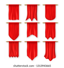 Pennant Flag Set Vector. Red Empty Template. Pennon Fabric Blank. Advertising Canvas Banner. Hanging Wall Pennat. Heraldic Pennant 3D Realistic Isolated Illustration