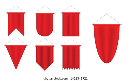 Pennant Flag Set Vector. Red Empty Template. Hanging Wall Pennat. Heraldic Pennant 3D Realistic. Triangle Soccer Banner Design Blank Isolated Illustration