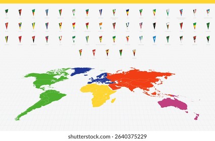 Pennant Flags of African Countries on a Colorful World Map. A vibrant collection of triangular pennant flags.