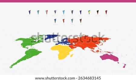 Pennant Flags of Oceanian Countries on a Colorful World Map. A vibrant collection of triangular pennant flags.