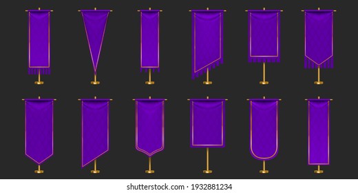 Banderas pendientes de color púrpura y dorado se burlan, banderas verticales en blanco con diferentes formas de borde colgadas en el asta. Envases vacíos heráldicos medievales aislados. Conjunto de ilustraciones vectoriales 3d realistas