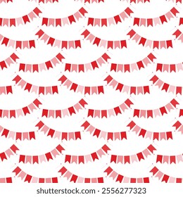 Pennant garland on rope in pale pink and red Seamless pattern. St Valentine Day festive background