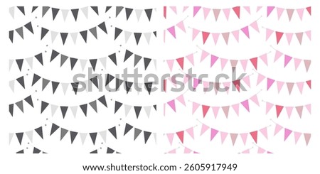 Pennant garland Seamless Patterns Set 2. Monochrome gray, pink, lilac triangular flags Backgrounds