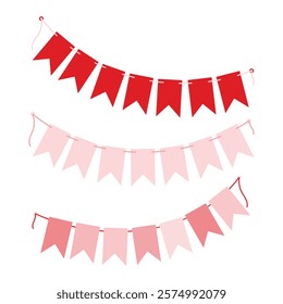 Pennant garlands on rope. Soft pink and red Decorative Party card design element idea. Set 3 concept