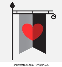 pennant with heart. gray flag with a red heart. vintage post. silhouette of the flagpole.