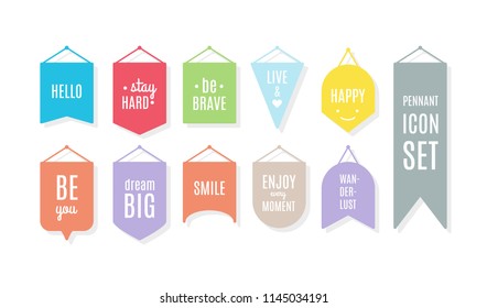 Pennant icon set with motivational quotes. Vector illustration, flat design