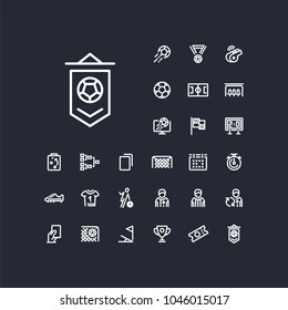Pennant icon in set on the black background. Soccer / football linear icons to use in web and mobile app.