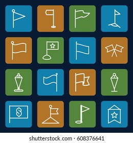 Pennant icons set. set of 16 pennant outline icons such as flag, gold flag