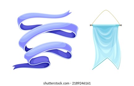 Pennant or Pennon Flag Shaped Banner and Serpentine Ribbon Made of Smooth Fabric Vector Set