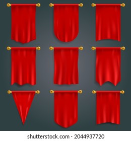 Pennant red. Realistic textile flag 3d, heraldic blank vertical pennants. Award advertising empty banners hanging wall template. Fabric mockup, logo and branding. Vector isolated set